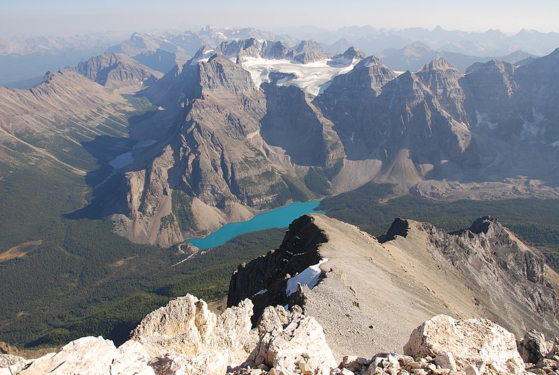 File:Moraine Lake from a bit below the summit of Mount Temple.jpg