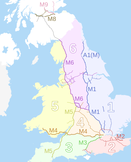 Motorway number zones of England and Wales