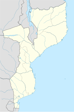 Mapa konturowa Mozambiku, blisko górnej krawiędzi znajduje się punkt z opisem „źródło”, natomiast blisko górnej krawiędzi po prawej znajduje się punkt z opisem „ujście”