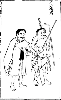 Vietnamese in Sancai Tuhui: short hair, wearing áo tứ điên (left) and loincloth (right)