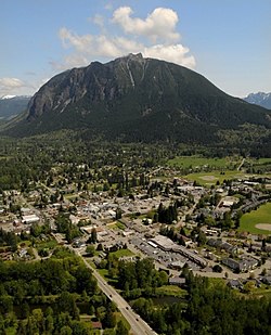 Aerial view of North Bend with Mount Si