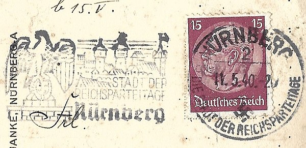 Postal marking from Nuremberg, May 1940, referring to the Reichsparteitage