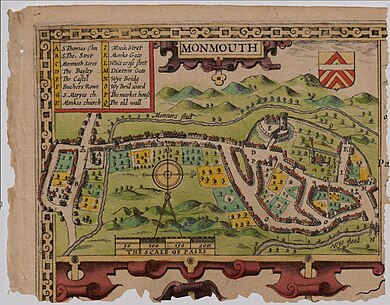 1610 Map of Monmouth by John Speed with symbol of cross near Dixton Gate (labeled M) Old map of Monmouth, Wales.jpg