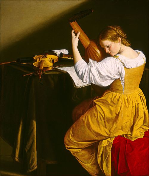A luteplayer wears a yellow kirtle over her smock (1626).