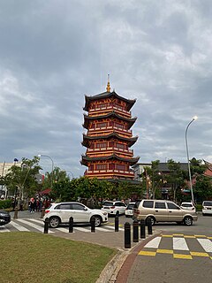 Pagoda in PIK, North Jakarta. PIK is often the most sought residential area for wealthy Chinese Indonesians, featuring large mansions in exclusive gated clusters. Pantjoran PIK.jpg