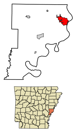 Location of Helena-West Helena in Phillips County, Arkansas.