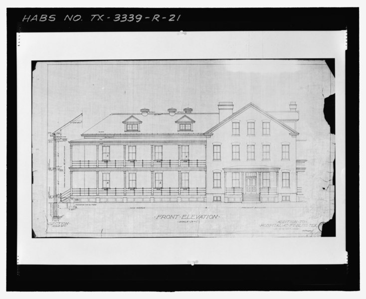 File:Photographic copy of Sheet No. 2 (1912)- FRONT ELEVATION - Fort Bliss, Post Hospital, Pershing Road, El Paso, El Paso County, TX HABS TX-3339-R-21.tif