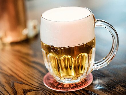 A mug of Pilsner Urquell, the first pilsner type of pale lager beer, brewed since 1842