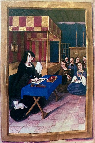 Miniature representing Anne writing to her absent husband, 1509, Epitres de poetes royaux. PoeticEpistleLouisXII ep1.jpg