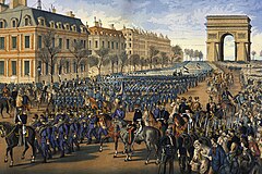 German troops parade down the Champs-Elysees in Paris after their victory in the Franco-Prussian War Prussian Troops Parade Down the Champs Elysee in Paris (1 March 1871).jpg