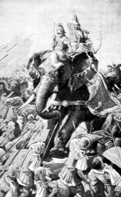 Tolkien related the Haradrim's mumakil in the Battle of the Pelennor Fields to Pyrrhus of Epirus's war elephants in his invasion of Ancient Rome, as depicted here in an 1896 book by Helene Guerber. Pyrrhus and his Elephants.gif