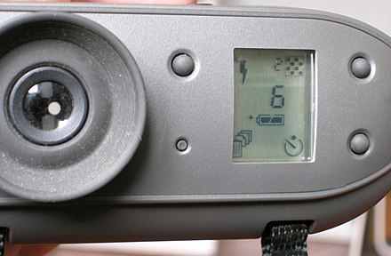 Viewfinder and LCD information panel on the rear side of the QuickTake 100/150; clockwise from top left, the buttons control flash mode, resolution, self-timer, and internal memory (recessed to prevent accidental deletion).