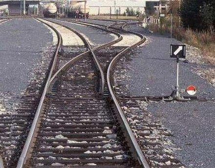 A right-hand railroad switch with point indicator pointing to right