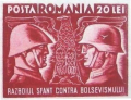 Image 121941 stamp depicting a Romanian and a German soldier in reference to the two countries' common participation in Operation Barbarossa. The text below reads the holy war against Bolshevism. (from History of Romania)