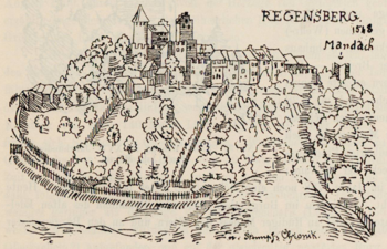 Regensberg mit der Ruine Mandach am rechten Rand, Darstellung nach der Stumpf-Chronik von 1548