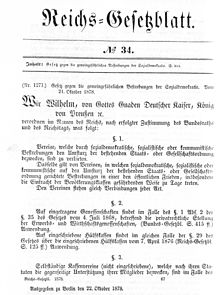 Reichsgesetzblatt vom 21. Oktober 1878 mit dem Text des „Gesetzes gegen die gemeingefährlichen Bestrebungen der Sozialdemokratie“ (Quelle: Wikimedia)