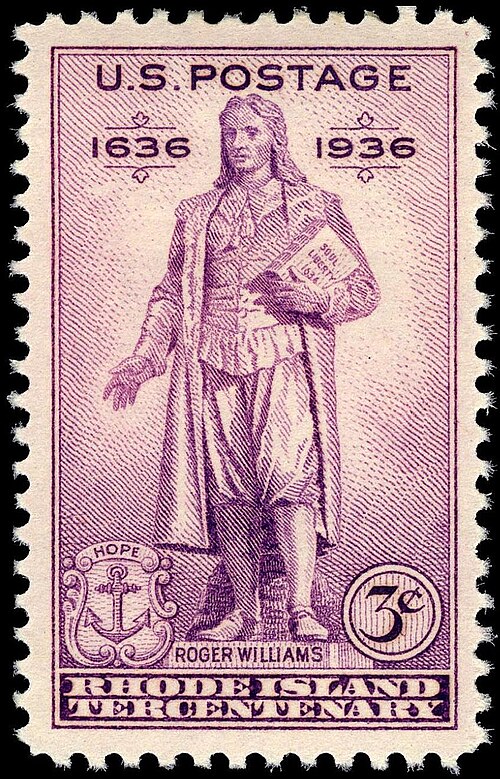 In 1936, on the 300th anniversary of the settlement of Rhode Island in 1636, the U.S. Post Office issued a commemorative stamp, depicting Roger Willia