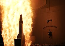 A SM-3 launches from the USS Lake Erie as part of Operation Burnt Frost SM-3 ignition for a satellite destruction mission.jpg