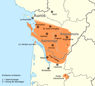 Carte représentant l'aire linguistique du saintongeais dans les Charentes et le Nord-Gironde.