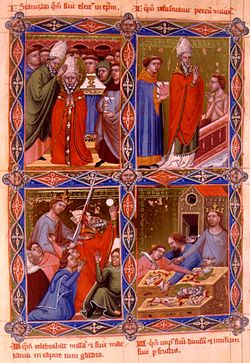 משמאל למעלה: הכתרתו לבישוף, החייאת פיוטר, רציחתו, ביתור גופתו