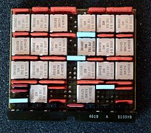 A double width SLT card from an IBM 1130. The square metal cans contain the hybrid circuits. Slt1.jpg