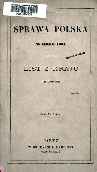 Book cover Sprawa polska w roku 1861. List z kraju (Listopad 1861). English: The Polish Question in 1861. Letter from the Homeland (November 1861) pub