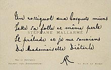 Quatrain autographe signé du monogramme SM sur une carte de visite, composé le 28 avril 1898 par Stéphane Mallarmé pour la comédienne Amélie Diéterle. L'un des derniers poèmes de Stéphane Mallarmé, qui meurt le 9 septembre 1898.