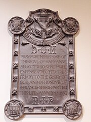 Plaque dedicated to Mary Anne Alliott St Augustine's Abbey chapel plaque, Chilworth.jpg