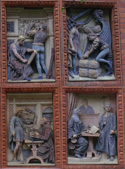 Details from four relief panels by Tinworth and Doulton near the main entrance, Vaughan building