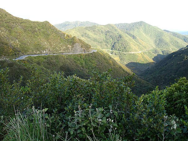 State Highway 2 (Rimutaka Hill Road) seen from near the top of the pass 555 metres (1,821 ft)
