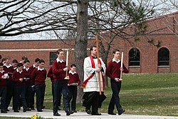 The students at Sacred Heart Apostolic School in Rolling Prairie, Indiana praying the Stations of the Cross on Good Friday, 2009 Stations at SHAS.jpg