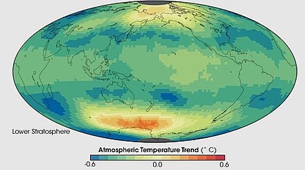 This image shows the temperature trend in the lower stratosphere as measured by a series of satellite-based instruments between January 1979 and December 2005. The lower stratosphere is centered around 18 kilometers above Earth's surface. The stratosphere image is dominated by blues and greens, which indicates a cooling over time.[1]