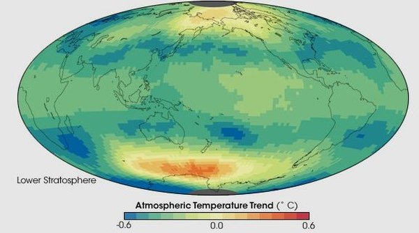 This image shows the temperature trend in the lower stratosphere as measured by a series of satellite-based instruments between January 1979 and Decem