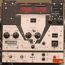 Close-up view of the control panel Submerged arc welder control panel.lincoln.triddle.jpg