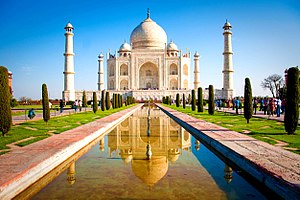 Considered to be an "unrivalled architectural wonder", the Taj Mahal in Agra is a prime example of Indo-Islamic architecture. One of the world's seven wonders.[172]