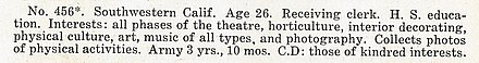 An advertisement from a 1948 issue of The Hobby Directory. Unable to advertise their orientation openly, gay men used coded references to interests such as theatre, interior decorating, and "photos of physical activities" to seek one another out. The Hobby Directory 5 no456.jpg