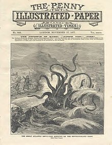 Cover of 17 November 1877 issue, showing a giant squid found washed ashore, alive, in Newfoundland The Penny Illustrated Paper and Illustrated Times no. 849 - front cover.jpg