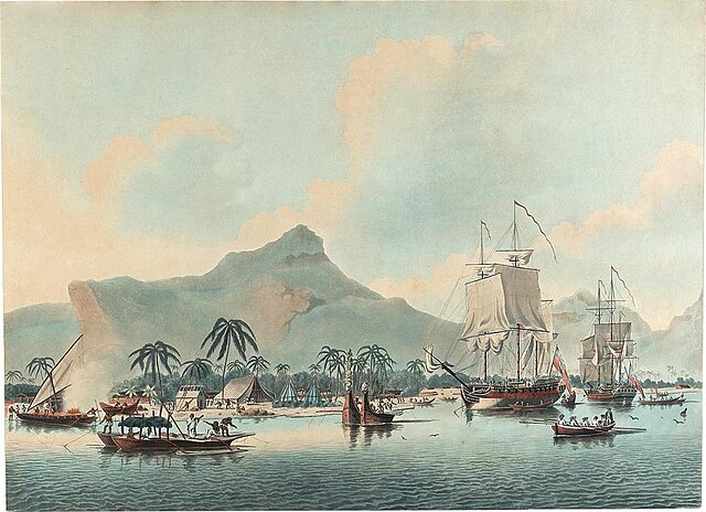 HMS Resolution and Discovery in Huahine, commanded by James Cook, depicted by John Cleveley. National Maritime Museum, Greenwich.