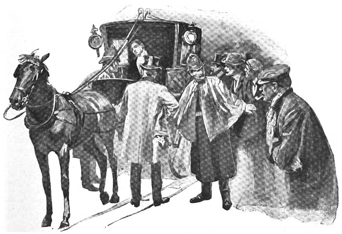 Illustration of a horse-drawn cab with a slumped occupant crowded by policemen and onlookers