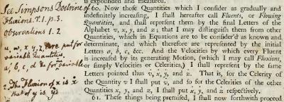 Newton's introduction of the notions "fluent" and "fluxion" in his 1736 book The method of fluxions and infinite series p.20.gif