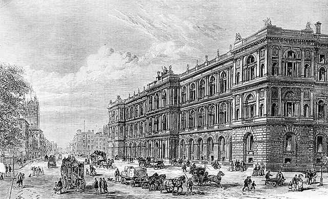 The British Colonial Office in Westminster, created in the 1860s by architect George Gilbert Scott; illustrated in 1875