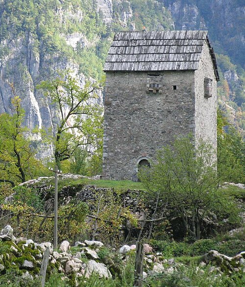 A fortified tower (kullë) in Theth used as a safe haven for men involved in blood feuds.