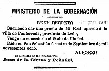 Real Decreto concediendo el título de Ciudad a la villa de Ponferrada en septiembre de 1908