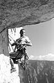 English: HEADWALL ROOF, Tom Frost leads pitch 29, the Salathé Wall, El Capitan, Yosemite National Park, California. First ascent by Royal Robbins, Chuck Pratt, and Tom Frost, 9½ days, September 1961.