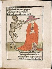 Death comes for the Cardinal, from a printed blockbook with hand colour, c. 1455-58, an early example of the Dance of Death. Totentanz blockbook q.jpg