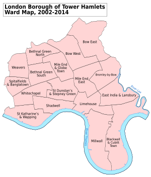 A map showing the wards of Tower Hamlets from 2002 to 2014 Tower Hamlets London UK labelled ward map 2002-2014.svg