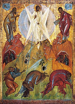 Transfiguration by Feofan Grek from Spaso-Preobrazhensky Cathedral in Pereslavl-Zalessky (15th c, Tretyakov gallery).jpeg