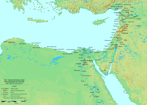 A Földközi-tenger keleti részének geofizikai térképe a Tulunid irányítása alatt álló nagyobb városok és tartományok nevével