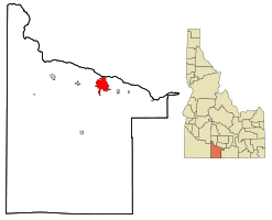 アイダホ州におけるツインフォールズ郡（右）とツインフォールズ市の位置