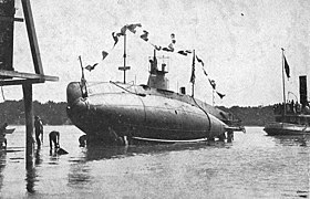 Die USS Octopus (SS-9) beim Stapellauf in Quincy, Massachusetts, am 4. Oktober 1906.